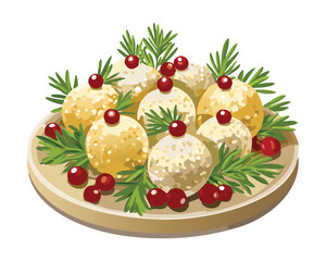 Elegant Appetizer Platter of Cheese Bites with Herbs, Coated with White Crumbs and Red Berries - Vector Illustration