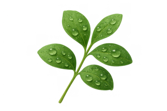 Green plant sprig with fresh water drops symbolizing natural growth, freshness, and environmental ecology on transparent background