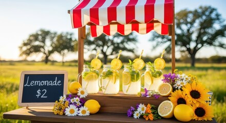 Lemonade Stand with Refreshing Drinks Displayed Outdoors on a Sunny Day