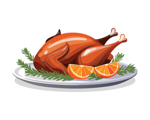 Delicious Glazed Roasted Turkey or Chicken on a Plate with Orange Slices and a Brown Sauce - Vector Illustration