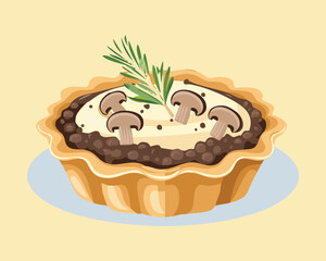 Savory Mini Mushroom and Herb Tart with Cream Filling in a Flaky Shortcrust Pastry Shell - Vector Illustration