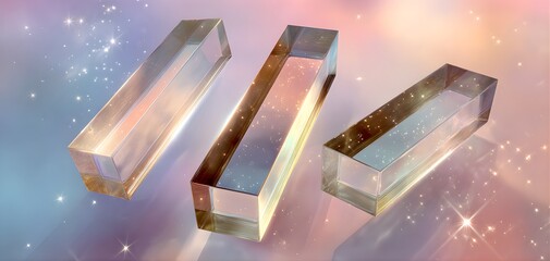 Three clear glass prisms refracting light and casting colorful reflections on a pastel background
