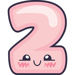Kawaii Style Pink Number Two Character With Cute Face And Blush Cheeks On White Background