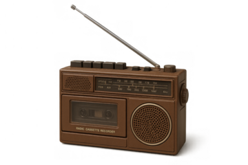 Brown retro radio cassette recorder with antenna, playing old school music, audio, and sound on transparent background