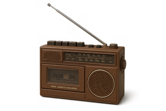 Brown retro radio cassette recorder with antenna, playing old school music, audio, and sound on transparent background