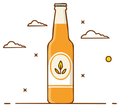 Vector illustration of a beer bottle with a simple leaf logo and stylized clouds