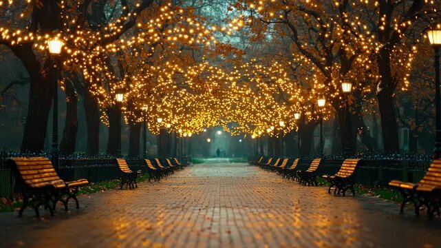 Evening walkway with illuminated trees and benches