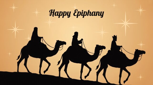 Three kings riding camels silhouette with happy epiphany text on a golden star background - Powered by Adobe