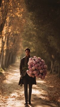 A Tender Moment: A solitary individual strides purposefully along a leafy path, clutching a generous bouquet of delicate flowers, symbolizing affection, thoughtfulness, or celebration.