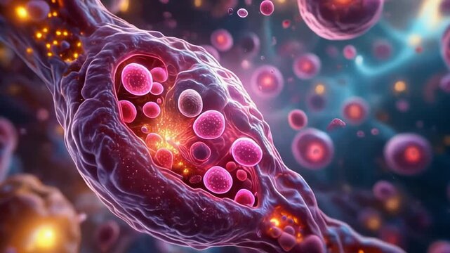 A vibrant microscopic visualization of cellular energy flow within a living organism's biological pathway