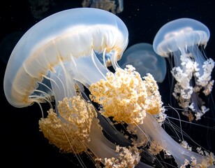 Close-up of several jellyfish with delicate, translucent bells, dark backdrop