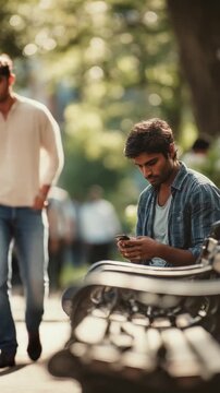 Man in Contemplation: Capturing a candid moment, a man deeply engrossed with his mobile phone, his expression reflecting contemplation as he sits on a bench, oblivious to the world around him. 