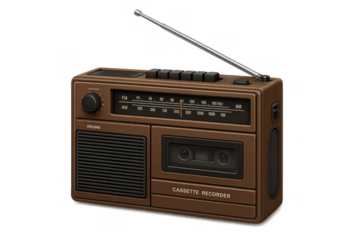 Vintage brown cassette radio player with antenna, offering retro audio and analogue music experience, transparent background