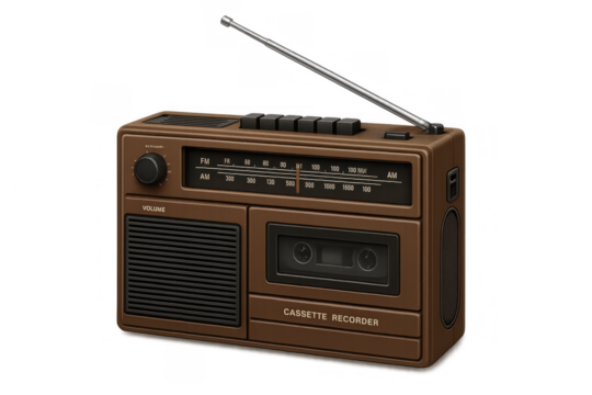Vintage brown cassette radio player with antenna, offering retro audio and analogue music experience, transparent background