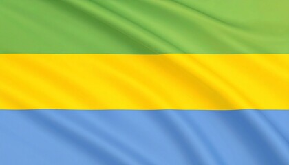Gabon flag with green, yellow, and blue stripes representing forest, sun, and sea.