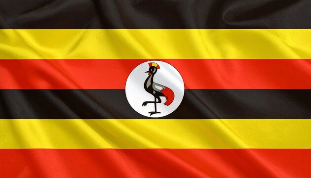 Uganda flag with six horizontal stripes and central grey crowned crane in white circle.