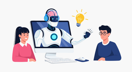 Students get a new idea from an artificial intelligence mentor during an online webinar. Vector illustration of futuristic e-learning