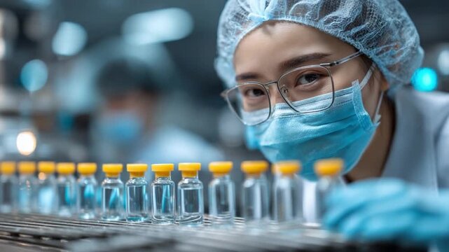 Scientist's Eye: A dedicated scientist meticulously inspects a row of vials in a laboratory setting.