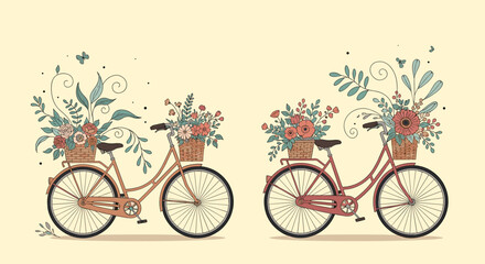 Obraz premium Two charming vintage bicycles adorned with vibrant floral baskets, set against a soft, light background, evoking a sense of nostalgic spring.