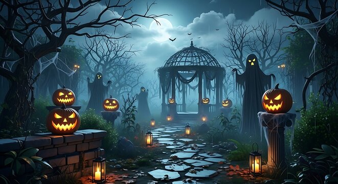 Enchanting halloween scene lit pumpkins spooky figures and moonlit night