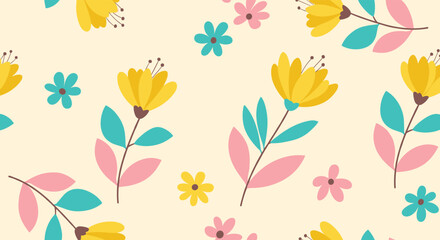 A cheerful and simple seamless floral pattern featuring yellow blooming flowers with teal and pink leaves on a soft cream background.