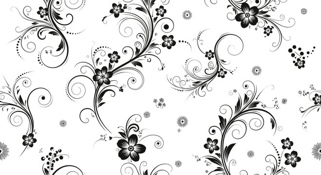 Seamless decorative pattern featuring graceful black floral motifs, swirling tendrils, and scattered tiny flowers on a crisp white backdrop.