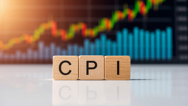 Financial CPI term displayed on wood blocks with economic chart background representing inflation analytics.