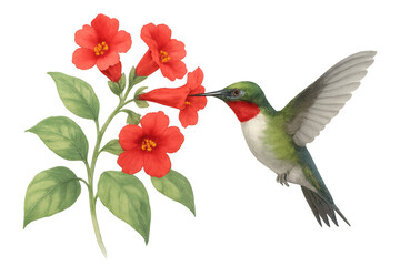 Fototapeta premium Ruby-throated hummingbird feeding on red flowers, a vivid wildlife scene on a transparent background