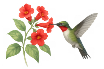 Ruby-throated hummingbird feeding on red flowers, a vivid wildlife scene on a transparent background