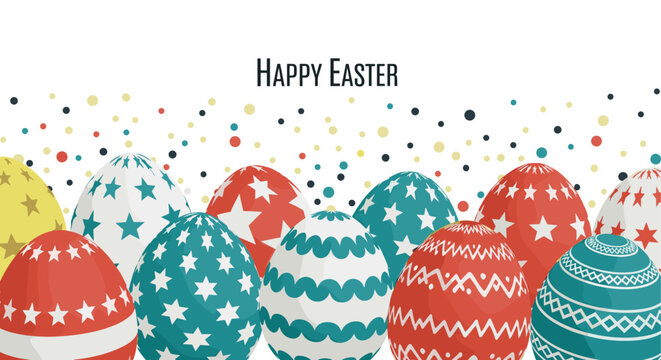 Happy Easter text above a row of vibrantly decorated eggs with colorful confetti falling.