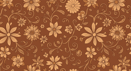 Seamless vintage floral pattern with intertwining vines and assorted blossoms in warm brown and beige tones on a rich chocolate background.