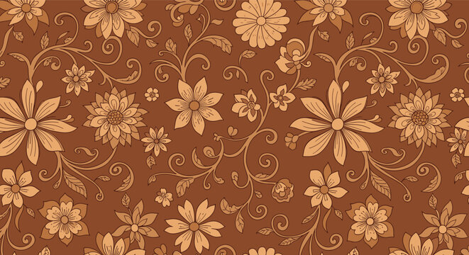 Seamless vintage floral pattern with intertwining vines and assorted blossoms in warm brown and beige tones on a rich chocolate background.