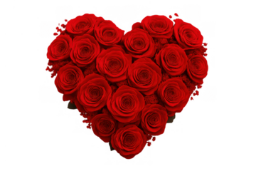 Red roses arranged in a perfect heart shape on a transparent background, representing love, passion, and romantic celebrations