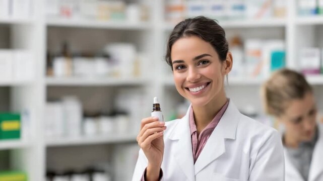 Pharmacist's Confident Recommendation: A professional pharmacist, clad in a crisp white coat, radiates confidence and expertise while holding a small medication bottle, suggesting trust and care.
