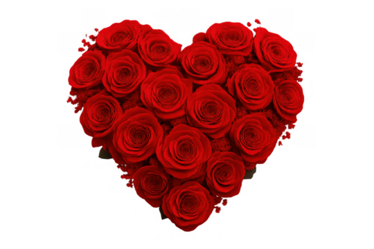 Red roses arranged in a perfect heart shape on a transparent background, representing love, passion, and romantic celebrations
