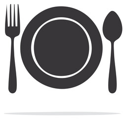 Plate, fork and spoon cutlery set isolated. Dining, silverware, tableware concept.