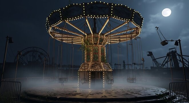 Evening amusement park scene lit carousel against dark sky and moon - Powered by Adobe