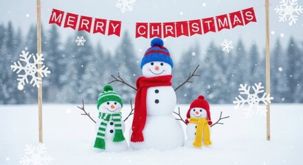 Three snowmen with hats and scarves in a snowy forest, merry christmas banner