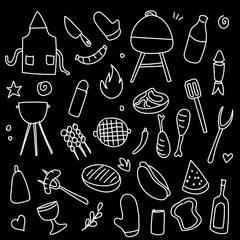 Colorful line-art illustration of a backyard barbecue setup featuring grill, skewers, sausages, watermelon, and utensils. Perfect for themes of summer, cooking, outdoor gatherings, family and friends,