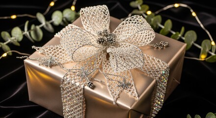 Elegant gold gift box with ornate ribbon and lights