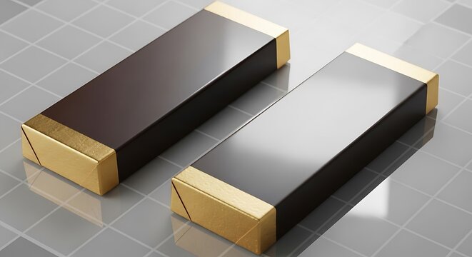 Two rectangular electronic components with gold colored ends on a textured surface