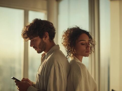 Silent Discord: A couple stands back-to-back, locked in a moment of tension and disconnect, each lost in their own thoughts.