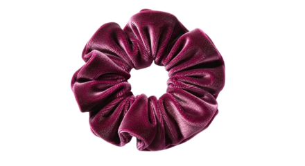 Burgundy velvet scrunchie isolated on transparent background, a fashionable and soft hair accessory for styling and holding hair in a trendy and comfortable way