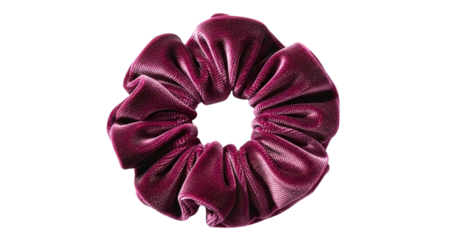 Burgundy velvet scrunchie isolated on transparent background, a fashionable and soft hair accessory for styling and holding hair in a trendy and comfortable way