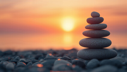 Stacked stones on glowing sunset beach reflecting stability, balance, and calming meditation.