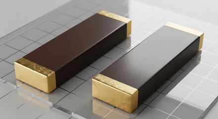 Two rectangular objects with dark brown and dark gray surfaces and gold accents