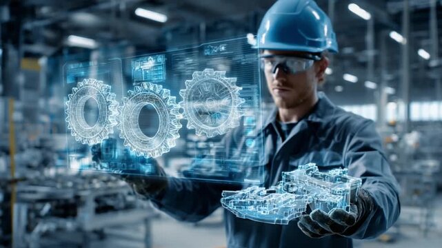 Engineering the Future: A skilled engineer, immersed in the digital realm, manipulates holographic gears within a bustling industrial setting.