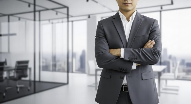 Business executive in modern office standing with arms crossed