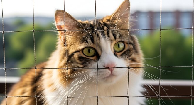 A calico cat with thick fur looks out from behind a wire mesh. Natural lighting emphasizes the color of the cat's fur and gentle expression