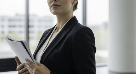 Businesswoman with documents in office, focused professional look